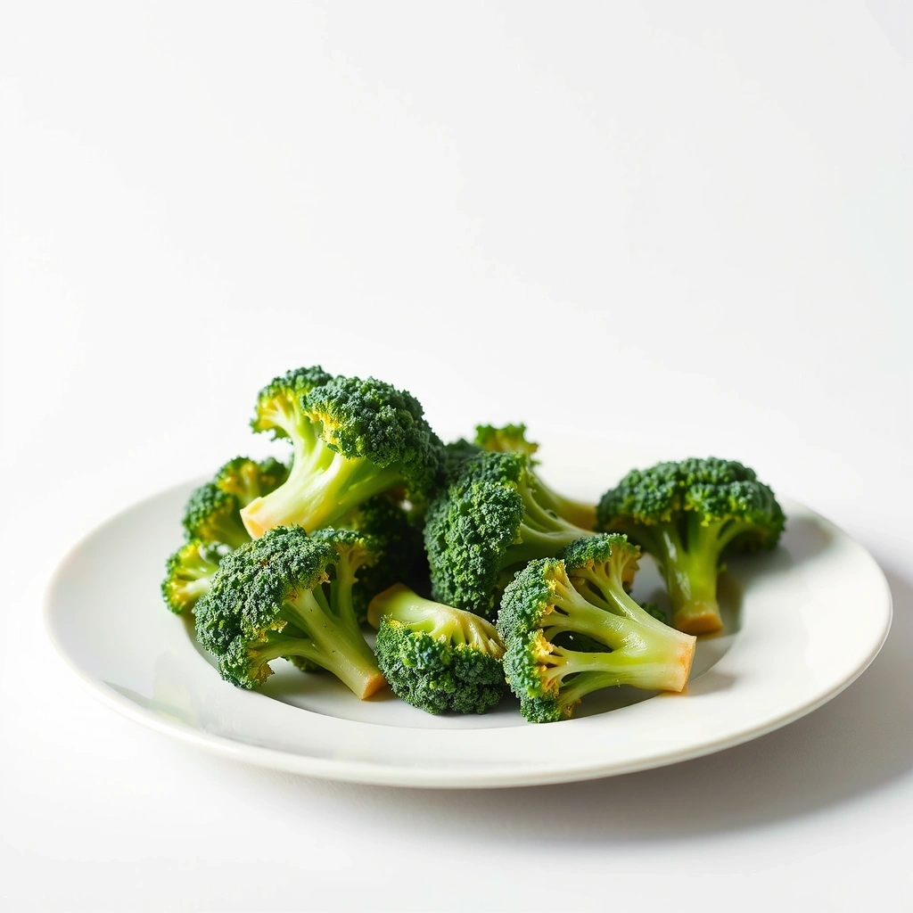 Bright green steamed broccoli florets with a light steam rising
