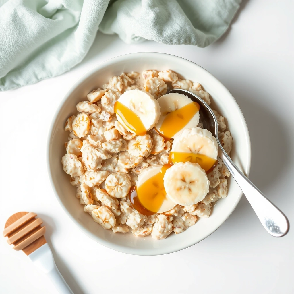 Creamy oatmeal bowl topped with banana slices and a drizzle of honey
