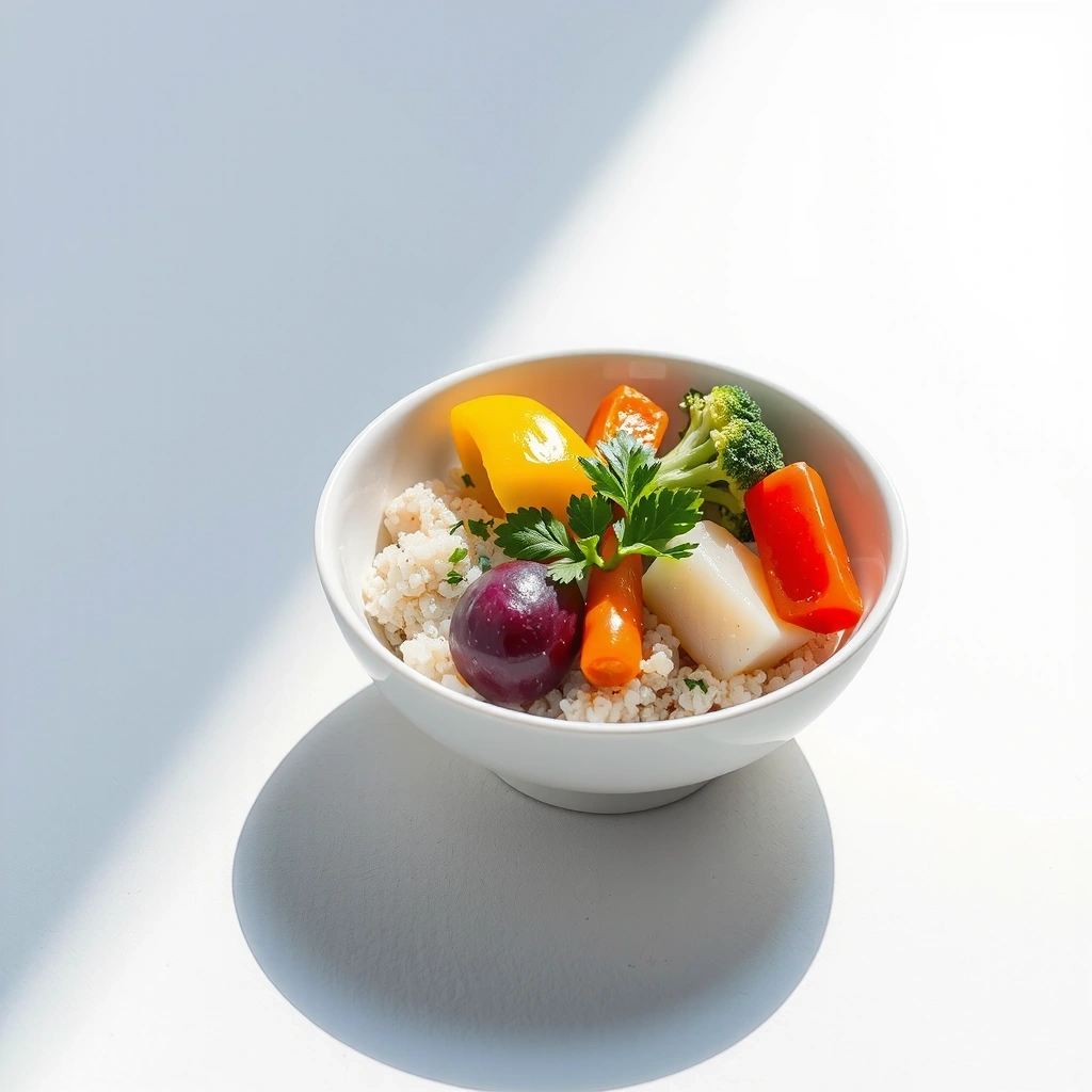 Fluffy quinoa bowl with steamed vegetables and herbs