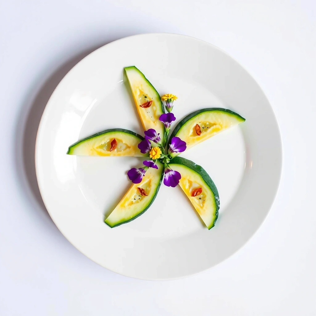 Fresh zucchini slices arranged in a natural pattern with edible flowers