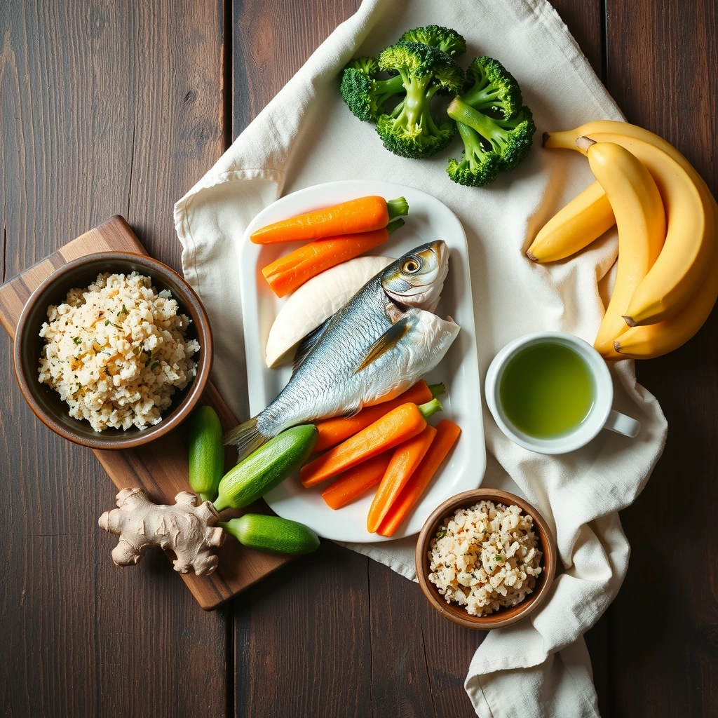 Healthy ulcer-healing foods arranged beautifully on a wooden table