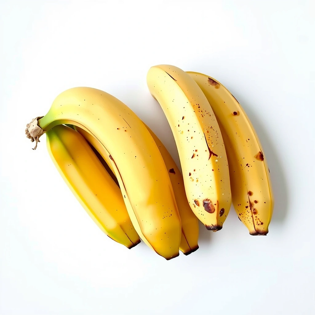 Ripe bananas with yellow peels slightly spotted arranged on natural wood