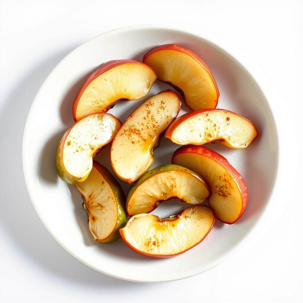 Soft, cooked apple slices with cinnamon on a white plate