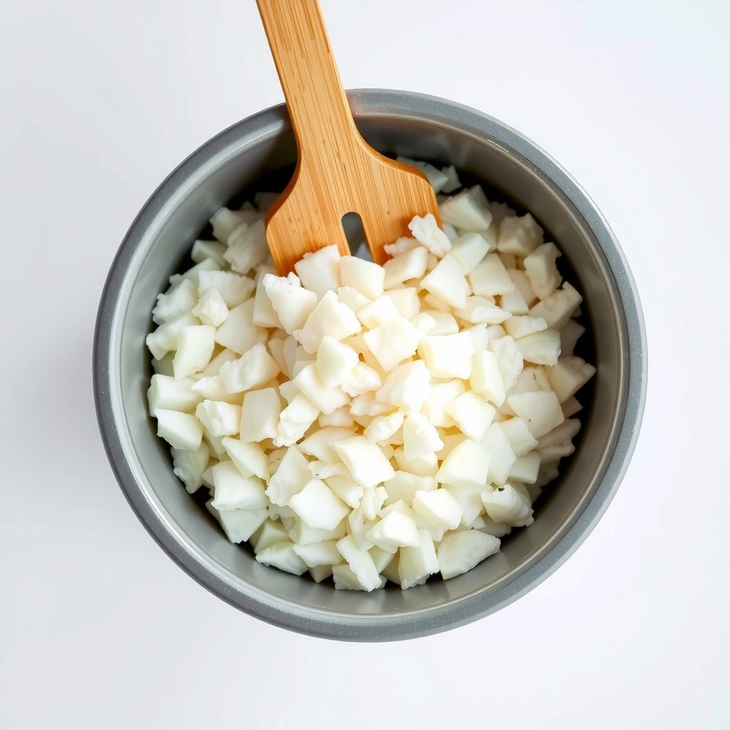 Steamed white rice in a wooden rice cooker with a bamboo rice paddle