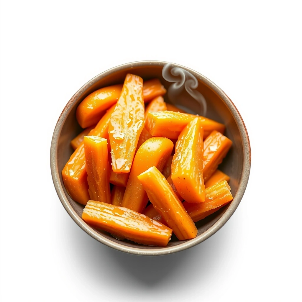 Thin carrot coins steamed until tender in a ceramic bowl